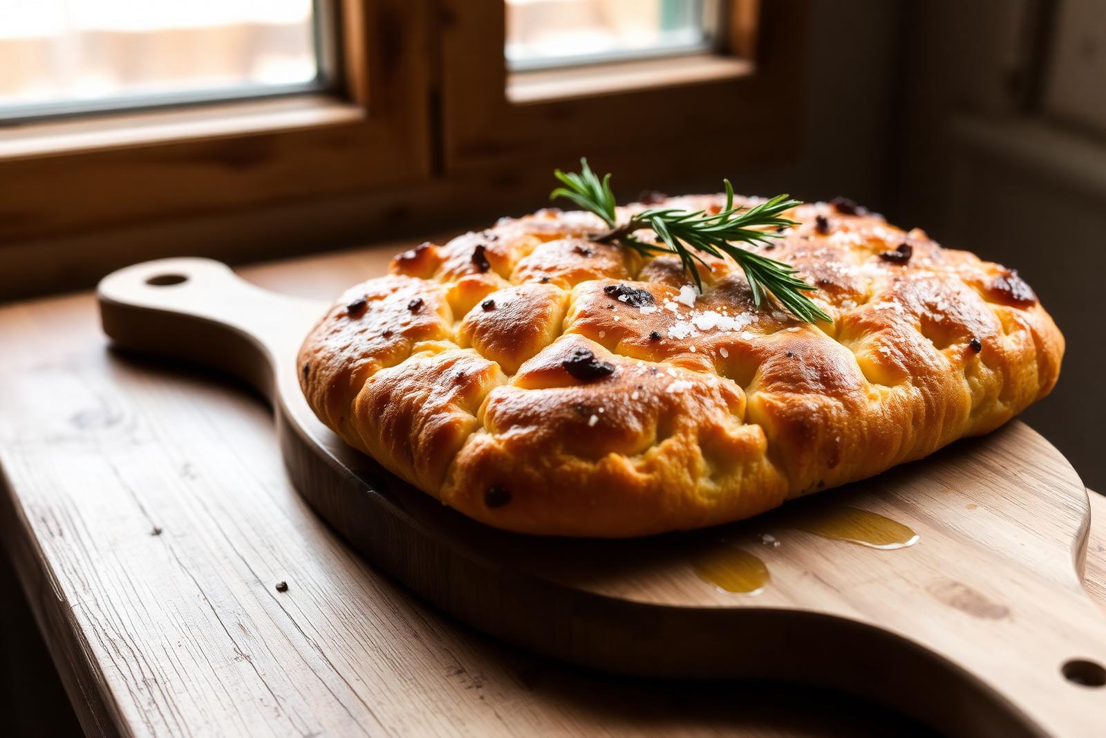 Freshly baked rosemary and sea salt focaccia on a wooden board